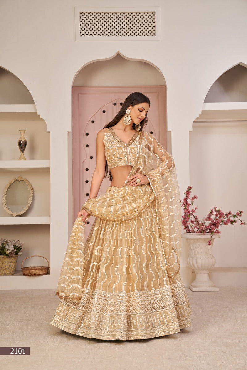 Stunning Embroidered Sequins Work Semi Stitched Net Lehenga For Weddings 2101