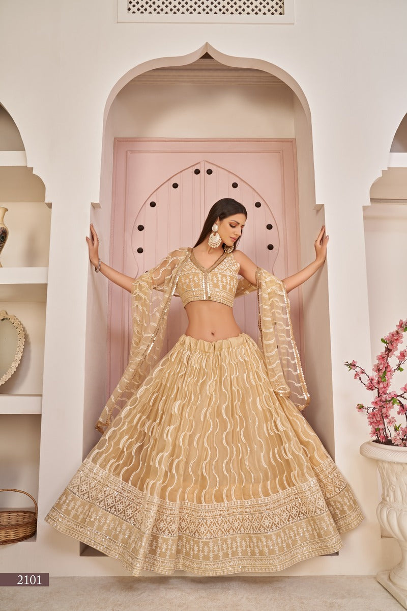 Stunning Embroidered Sequins Work Semi Stitched Net Lehenga For Weddings 2101