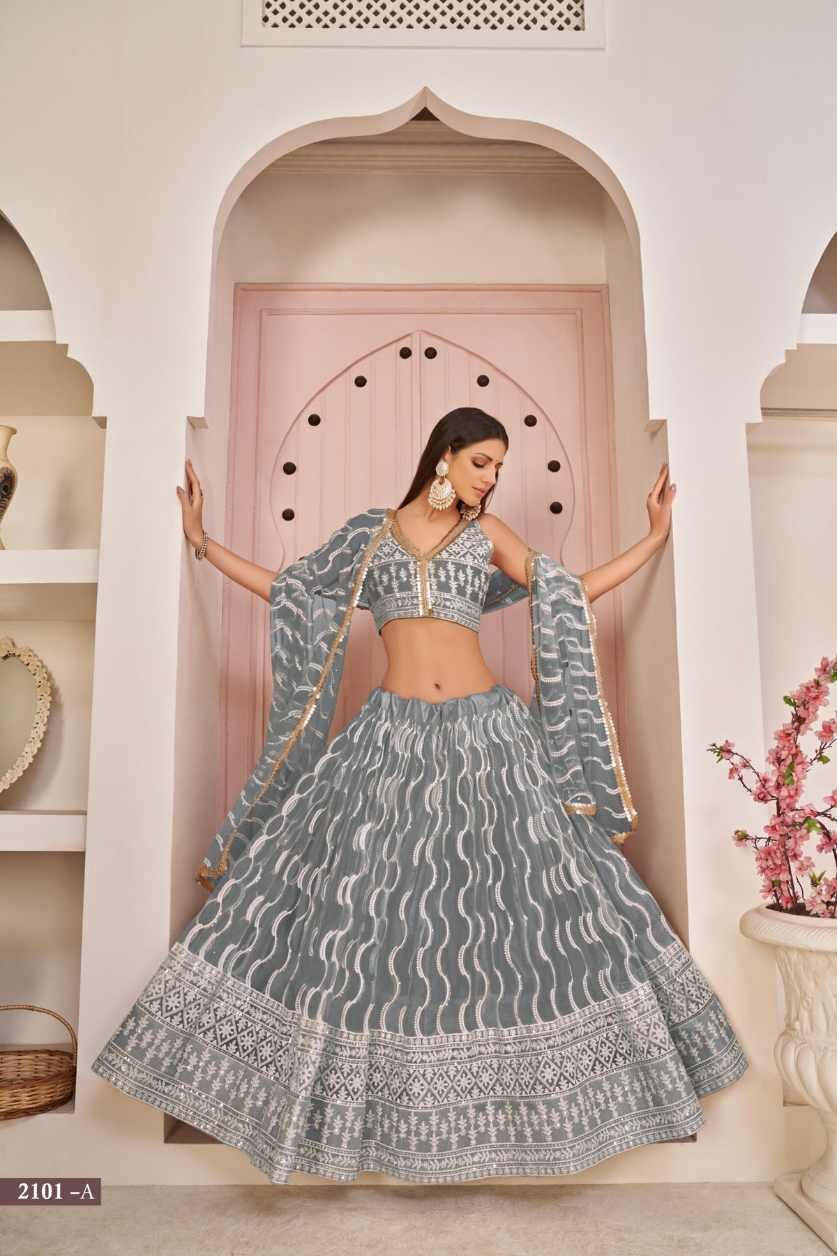 Stunning Embroidered Sequins Work Semi Stitched Net Lehenga For Weddings 2101