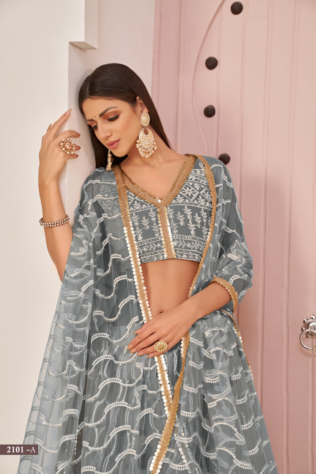 Stunning Embroidered Sequins Work Semi Stitched Net Lehenga For Weddings 2101
