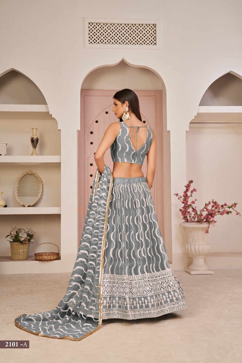 Stunning Embroidered Sequins Work Semi Stitched Net Lehenga For Weddings 2101
