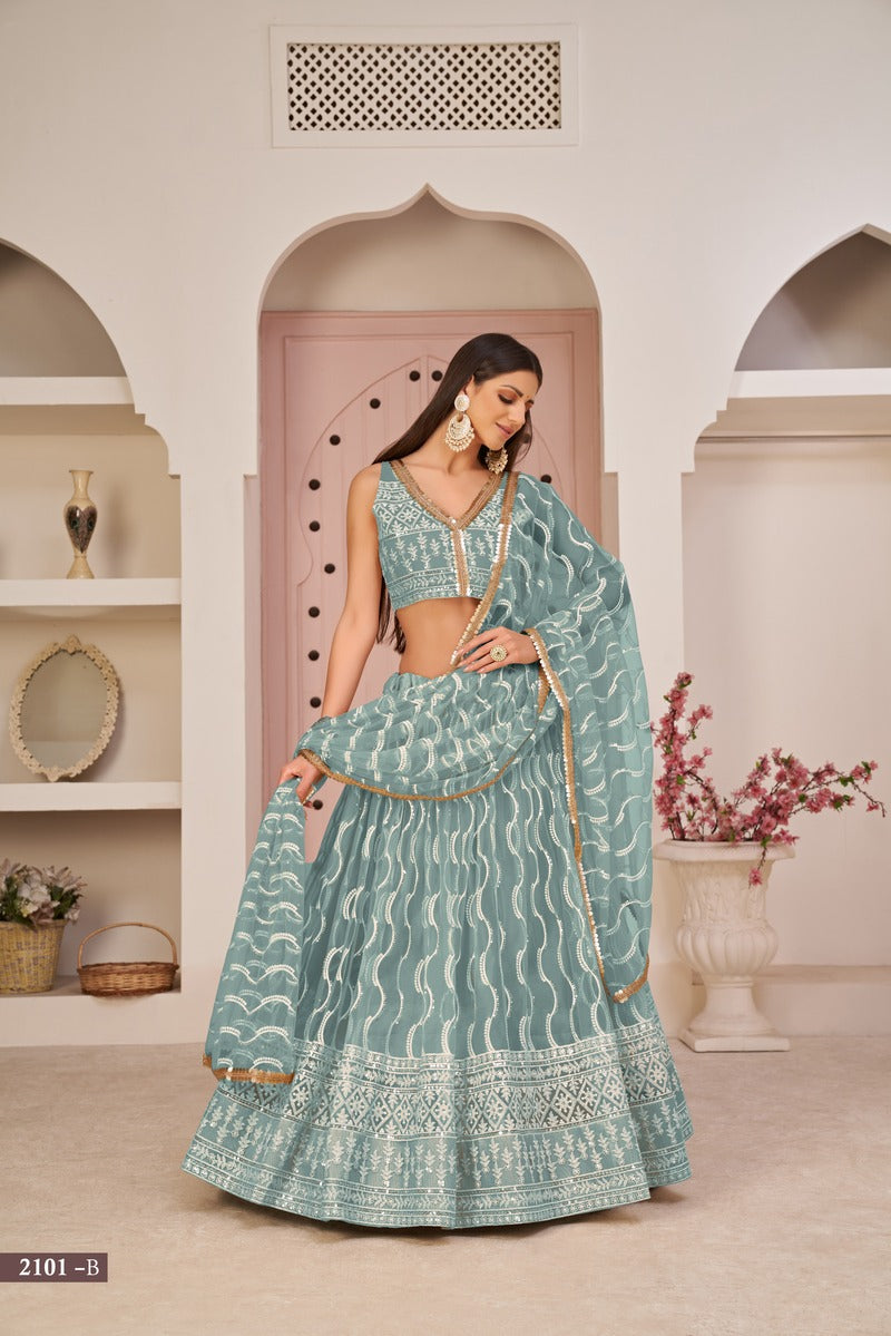 Stunning Embroidered Sequins Work Semi Stitched Net Lehenga For Weddings 2101