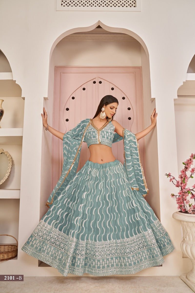Stunning Embroidered Sequins Work Semi Stitched Net Lehenga For Weddings 2101