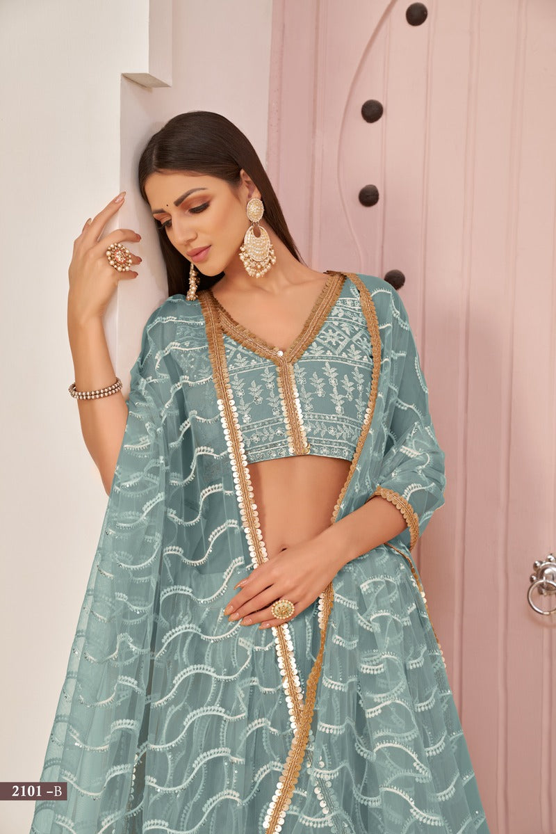 Stunning Embroidered Sequins Work Semi Stitched Net Lehenga For Weddings 2101