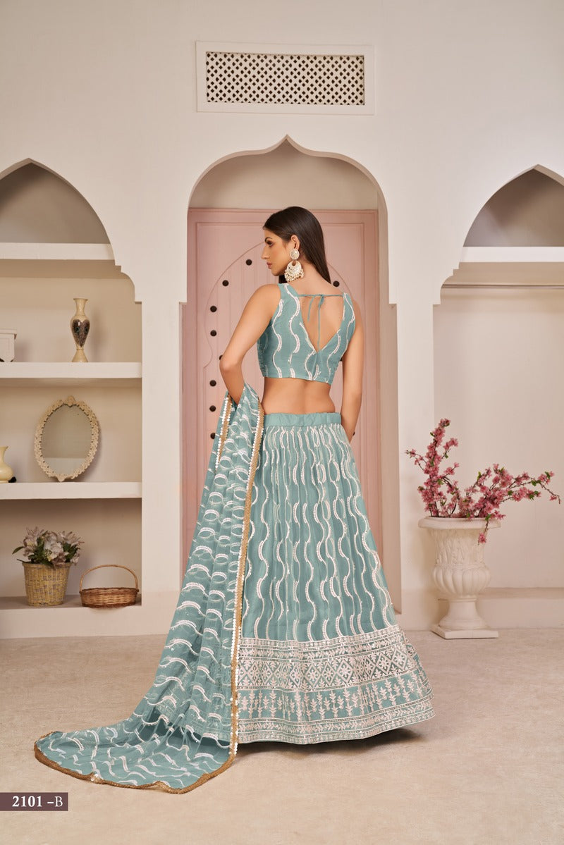Stunning Embroidered Sequins Work Semi Stitched Net Lehenga For Weddings 2101