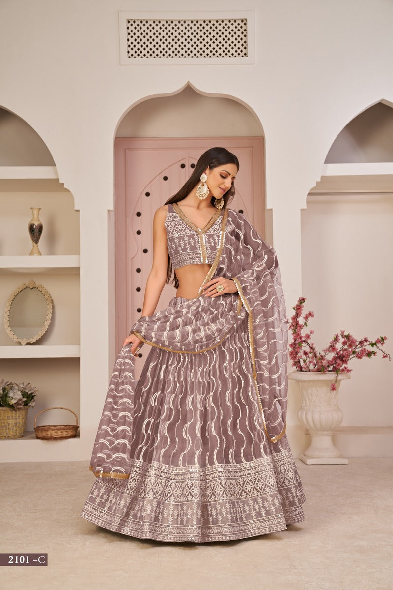 Stunning Embroidered Sequins Work Semi Stitched Net Lehenga For Weddings 2101