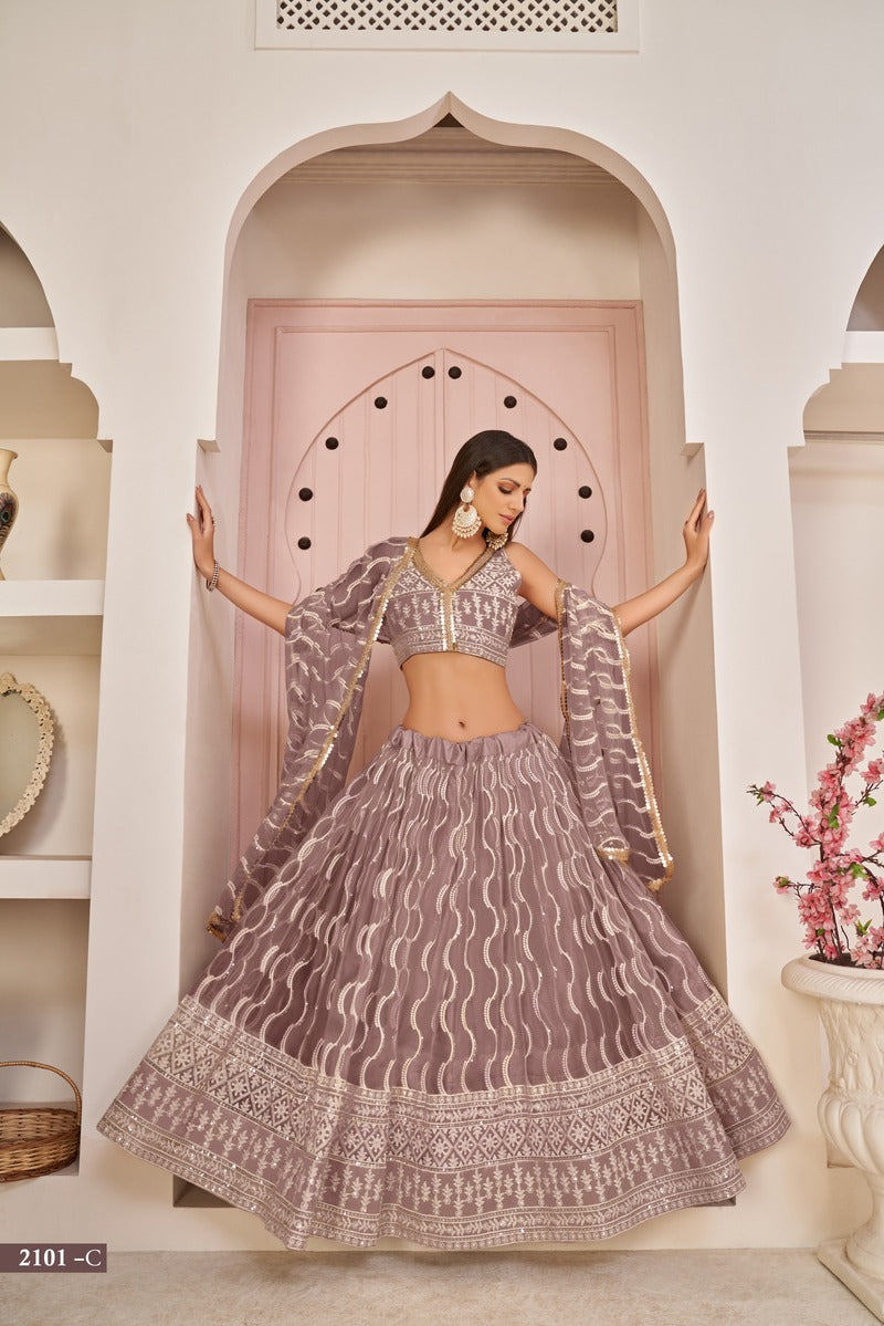 Stunning Embroidered Sequins Work Semi Stitched Net Lehenga For Weddings 2101