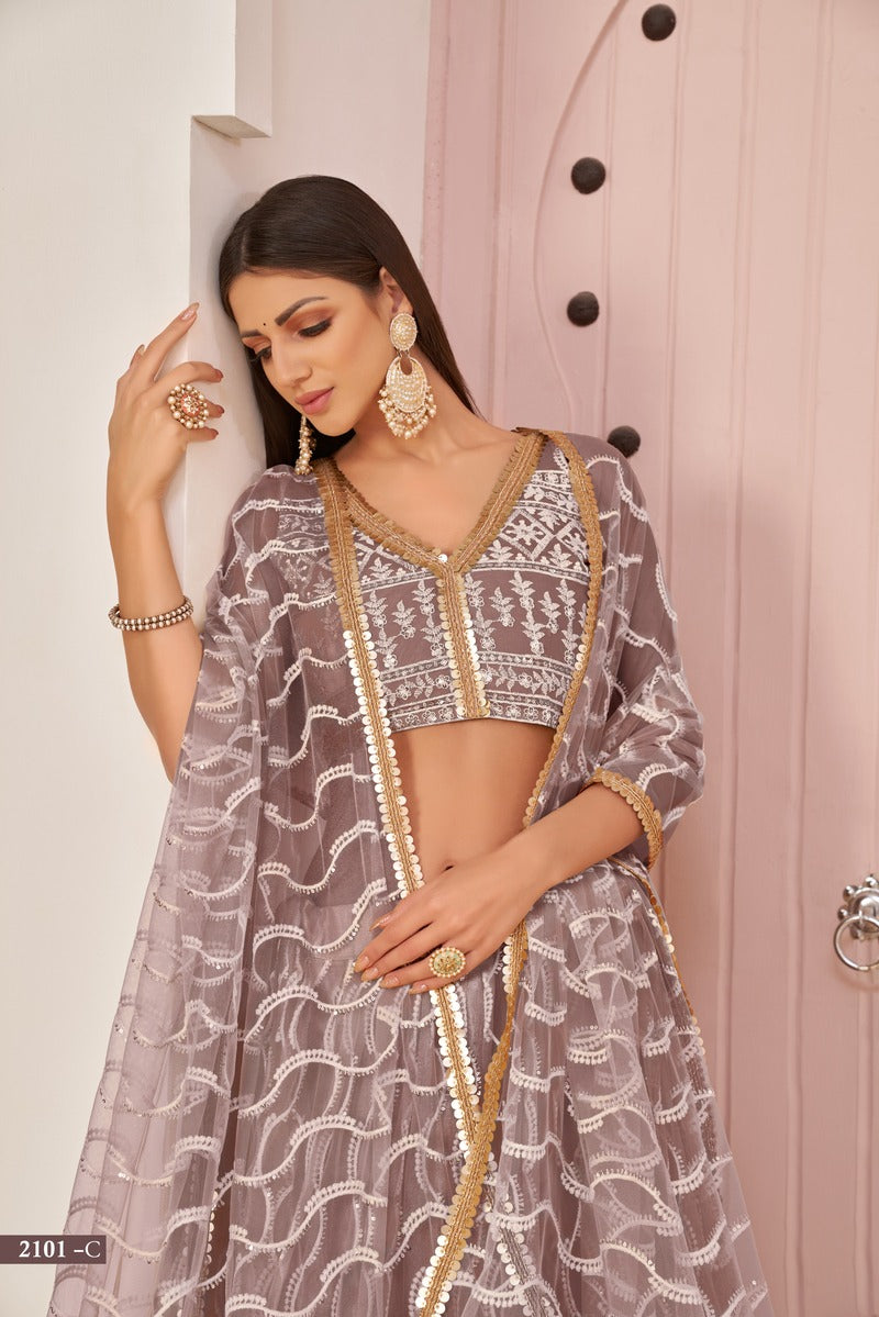 Stunning Embroidered Sequins Work Semi Stitched Net Lehenga For Weddings 2101