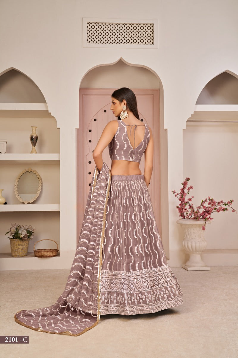 Stunning Embroidered Sequins Work Semi Stitched Net Lehenga For Weddings 2101