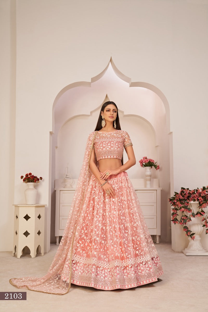 Beautiful Embroidered Sequins Work Semi Stitched Net Lehenga For Weddings 2103