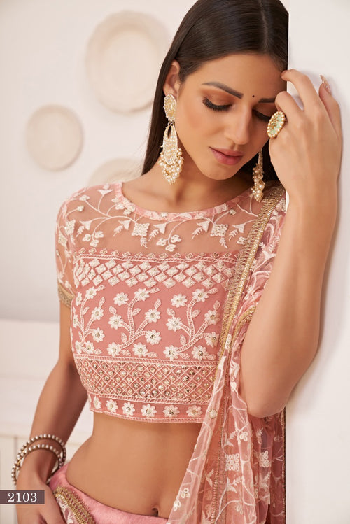 Beautiful Embroidered Sequins Work Semi Stitched Net Lehenga For Weddings 2103