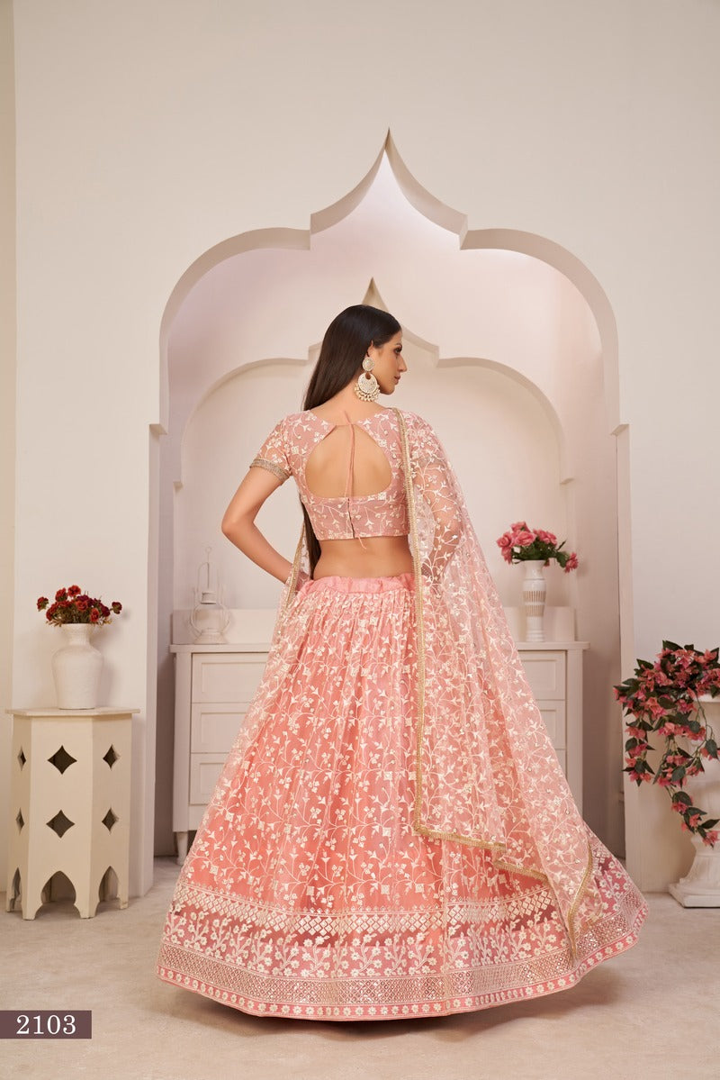 Beautiful Embroidered Sequins Work Semi Stitched Net Lehenga For Weddings 2103