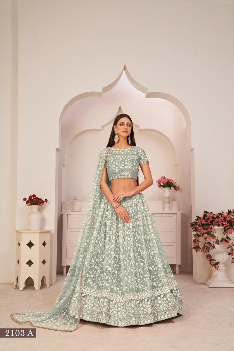 Beautiful Embroidered Sequins Work Semi Stitched Net Lehenga For Weddings 2103