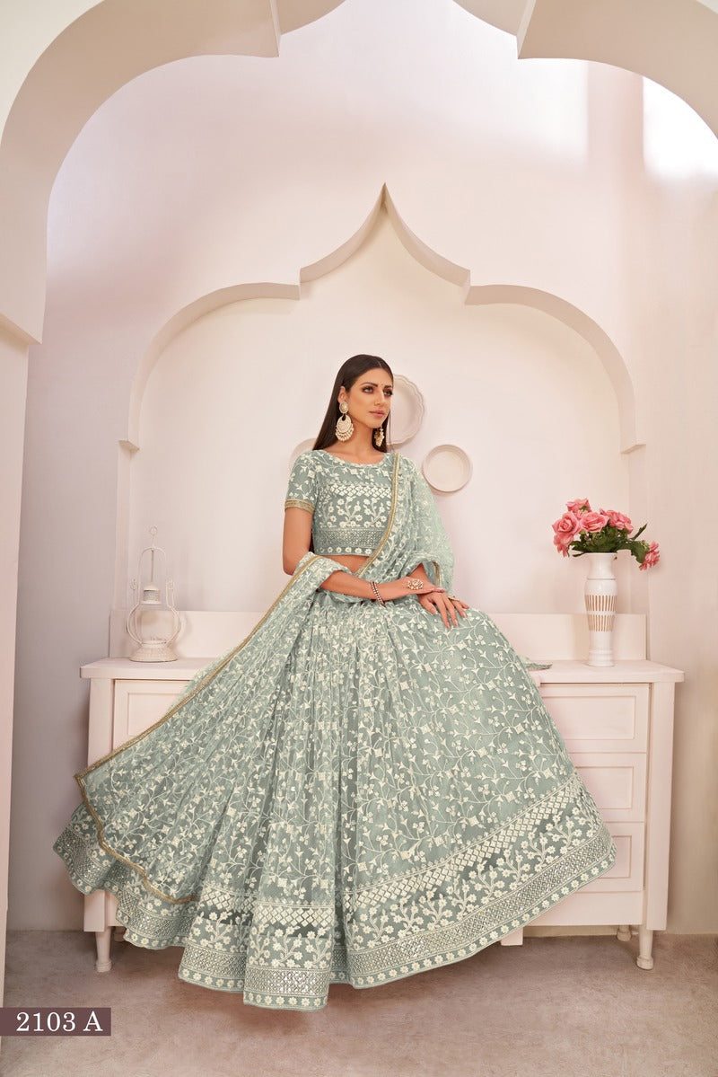 Beautiful Embroidered Sequins Work Semi Stitched Net Lehenga For Weddings 2103