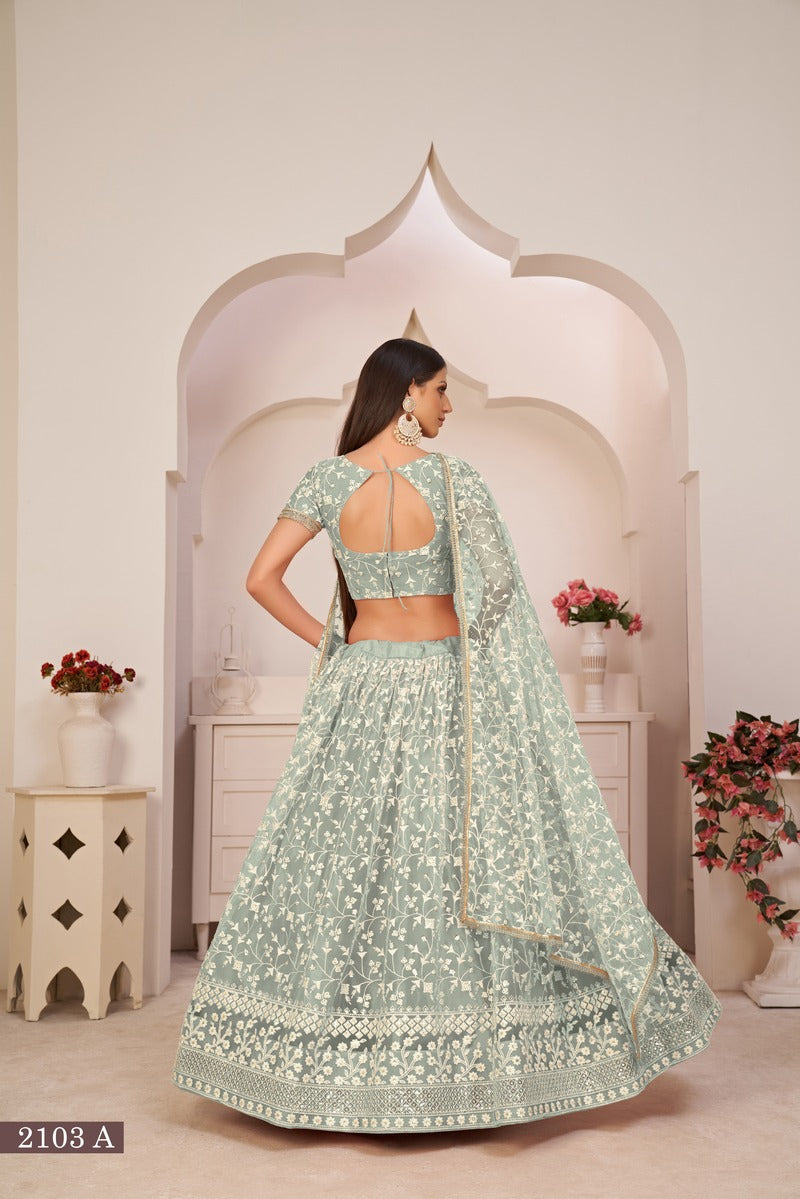 Beautiful Embroidered Sequins Work Semi Stitched Net Lehenga For Weddings 2103