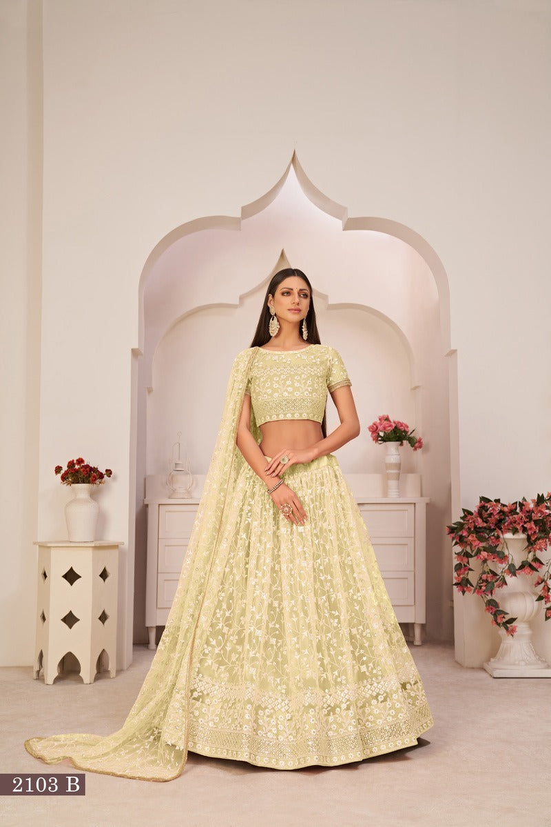 Beautiful Embroidered Sequins Work Semi Stitched Net Lehenga For Weddings 2103