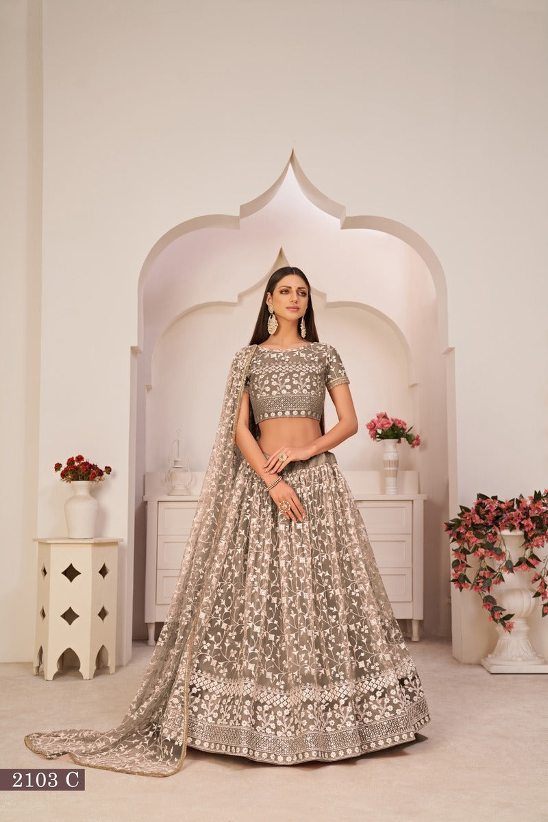 Beautiful Embroidered Sequins Work Semi Stitched Net Lehenga For Weddings 2103