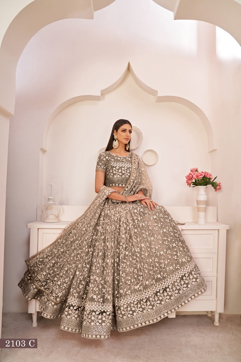 Beautiful Embroidered Sequins Work Semi Stitched Net Lehenga For Weddings 2103