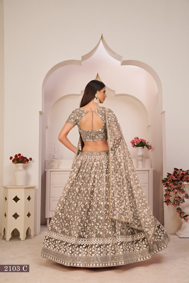 Beautiful Embroidered Sequins Work Semi Stitched Net Lehenga For Weddings 2103