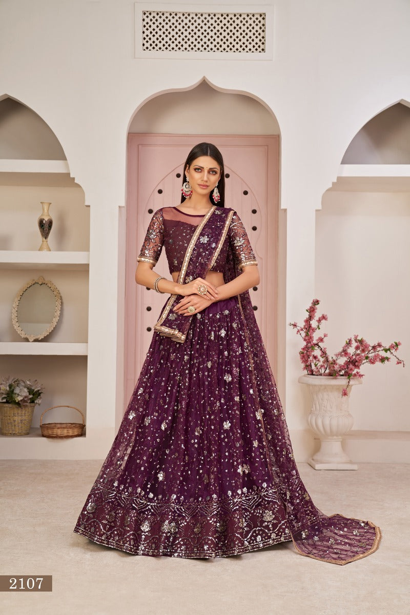 Designer Embroidered Sequins Work Semi Stitched Net Lehenga For Weddings 2107