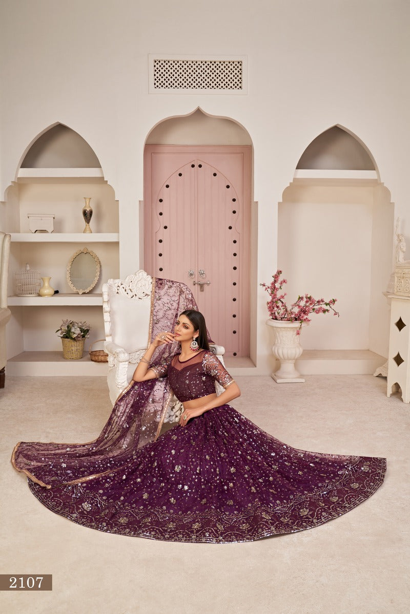 Designer Embroidered Sequins Work Semi Stitched Net Lehenga For Weddings 2107