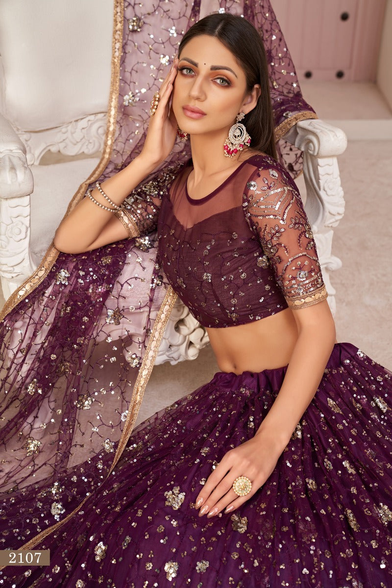 Designer Embroidered Sequins Work Semi Stitched Net Lehenga For Weddings 2107