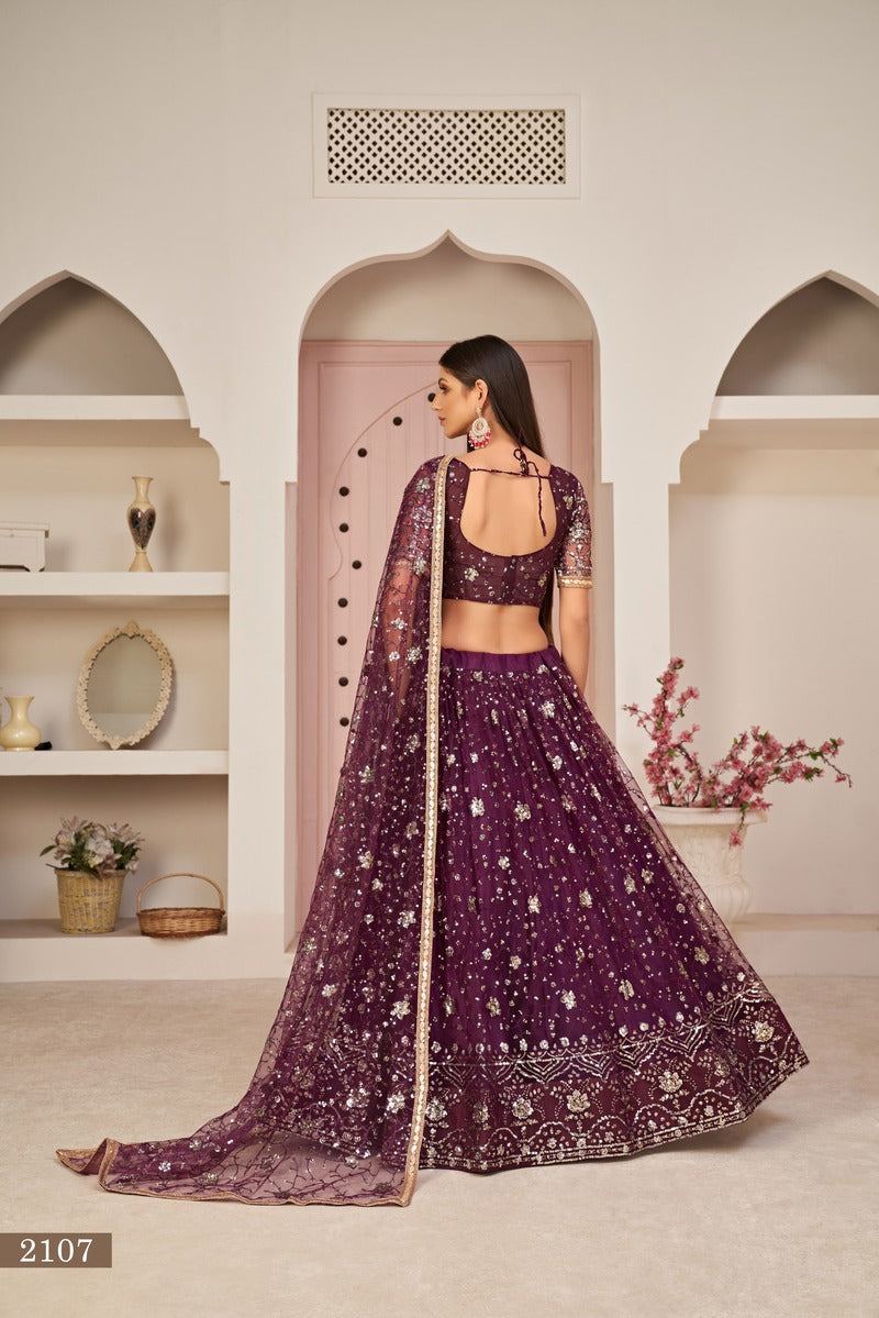 Designer Embroidered Sequins Work Semi Stitched Net Lehenga For Weddings 2107