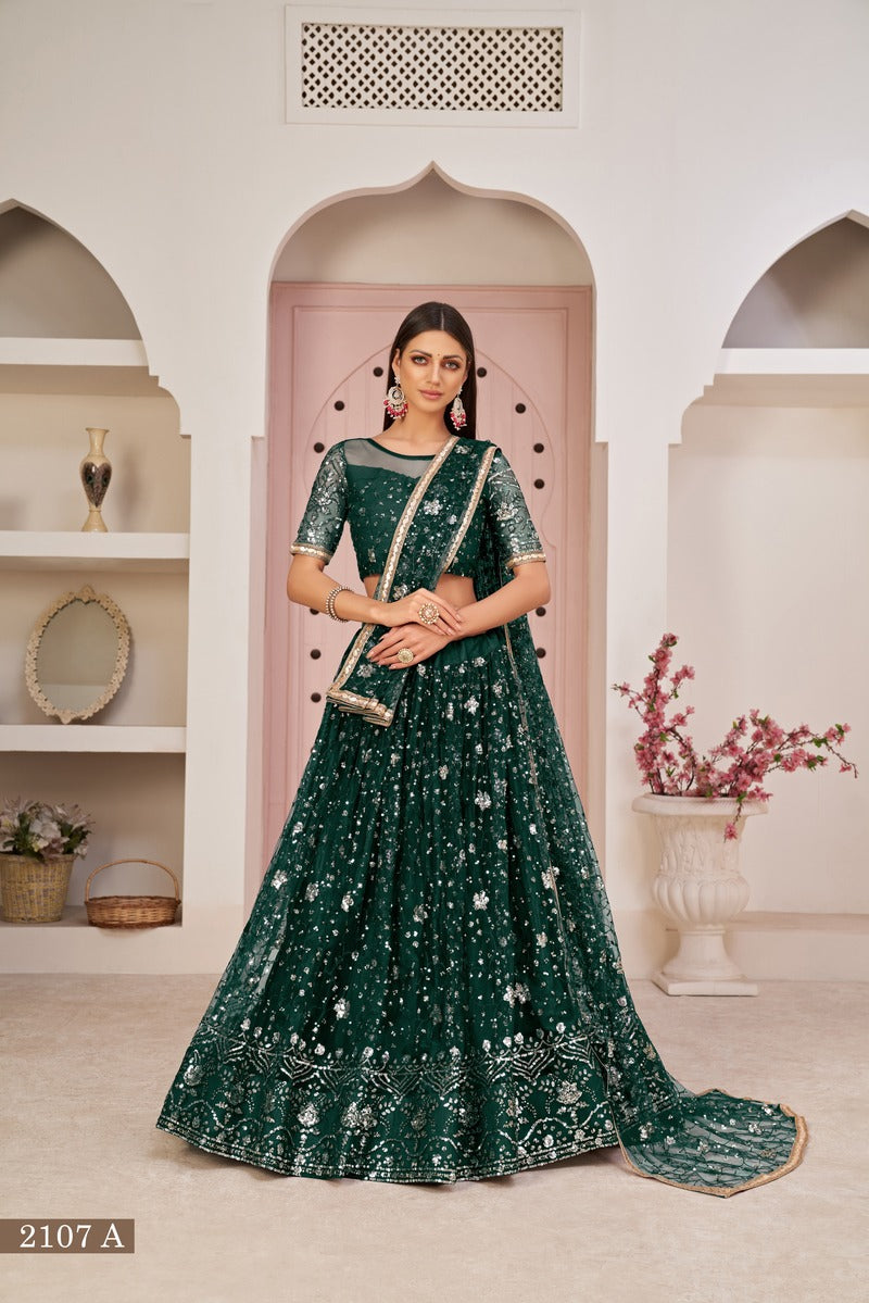 Designer Embroidered Sequins Work Semi Stitched Net Lehenga For Weddings 2107