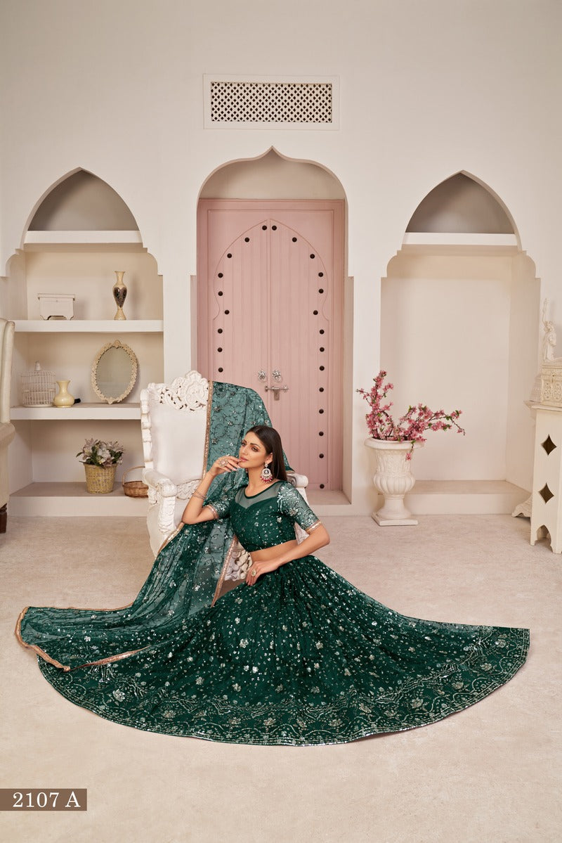 Designer Embroidered Sequins Work Semi Stitched Net Lehenga For Weddings 2107