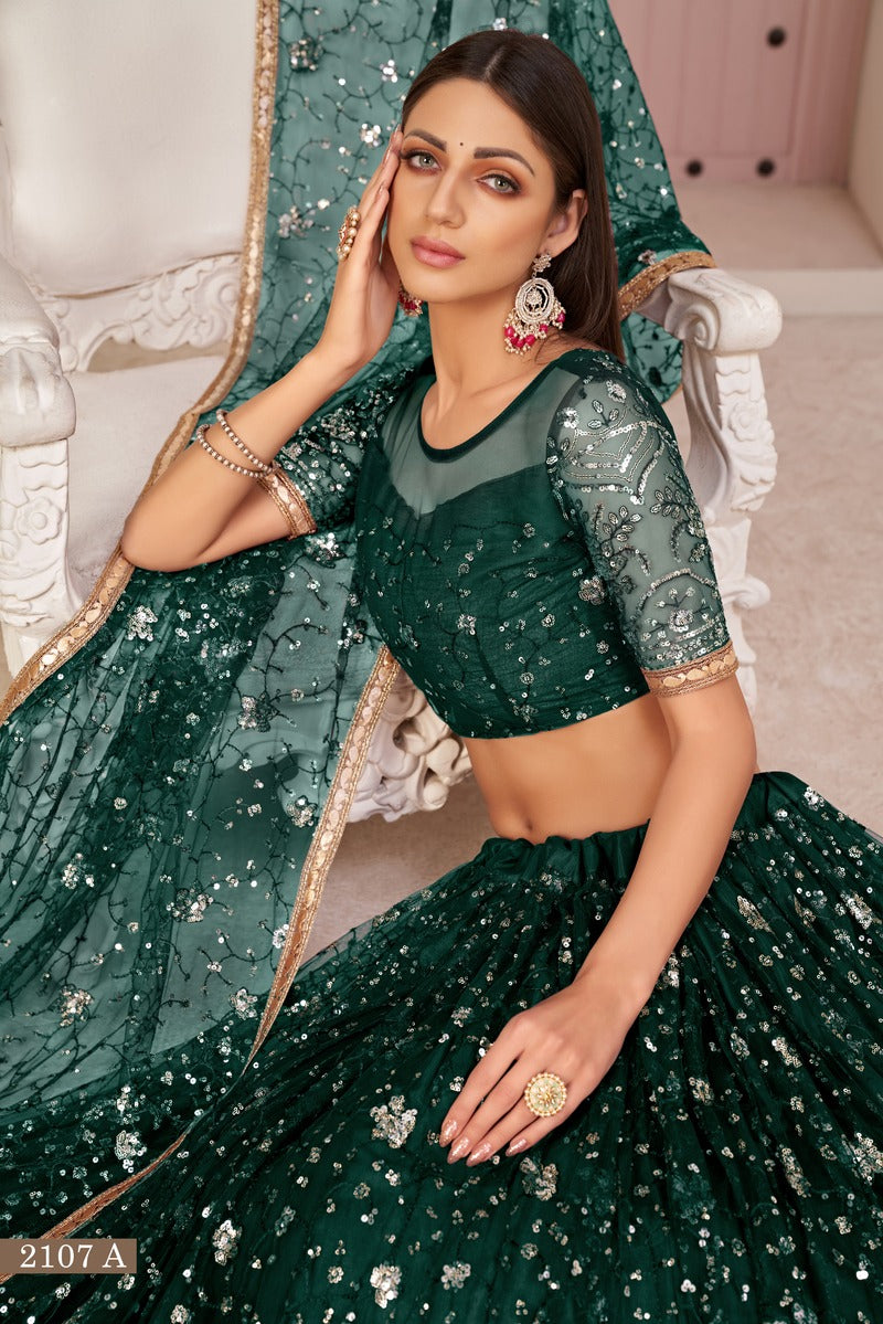 Designer Embroidered Sequins Work Semi Stitched Net Lehenga For Weddings 2107