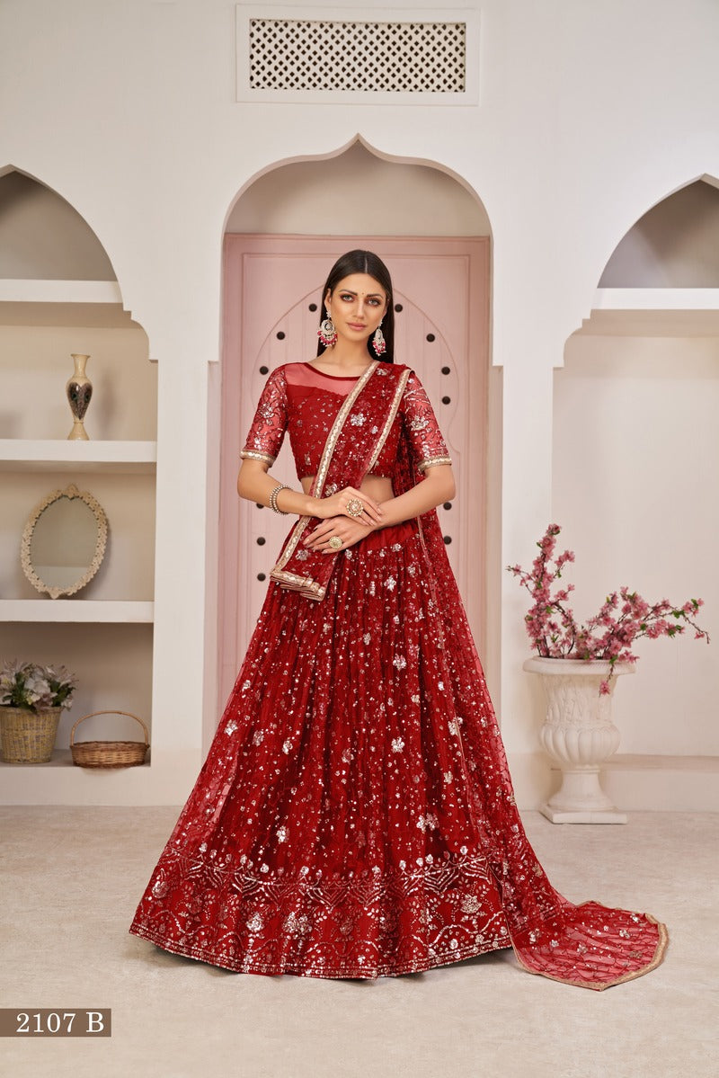 Designer Embroidered Sequins Work Semi Stitched Net Lehenga For Weddings 2107