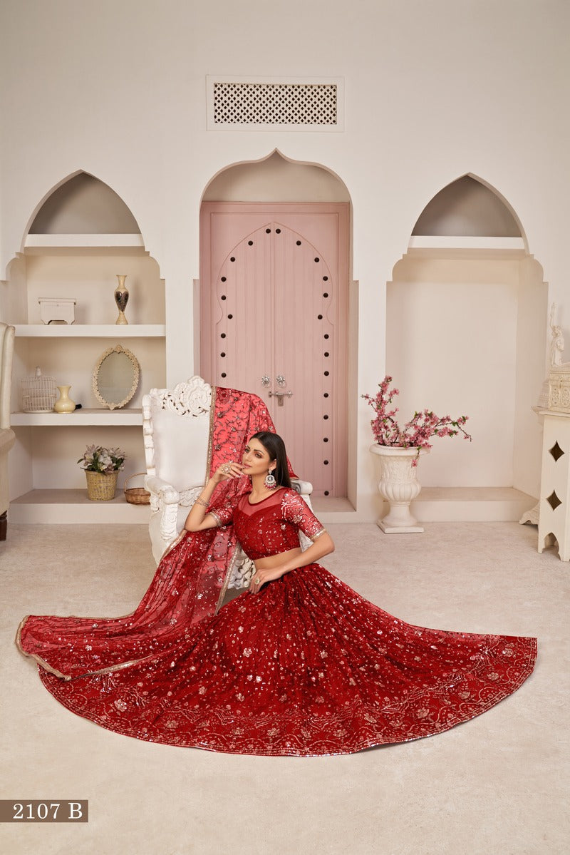 Designer Embroidered Sequins Work Semi Stitched Net Lehenga For Weddings 2107