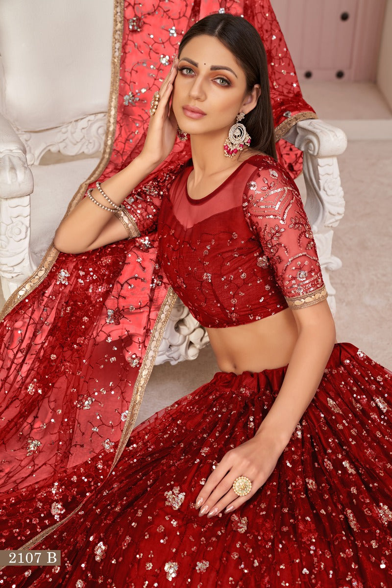 Designer Embroidered Sequins Work Semi Stitched Net Lehenga For Weddings 2107