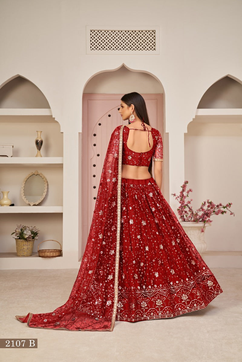 Designer Embroidered Sequins Work Semi Stitched Net Lehenga For Weddings 2107