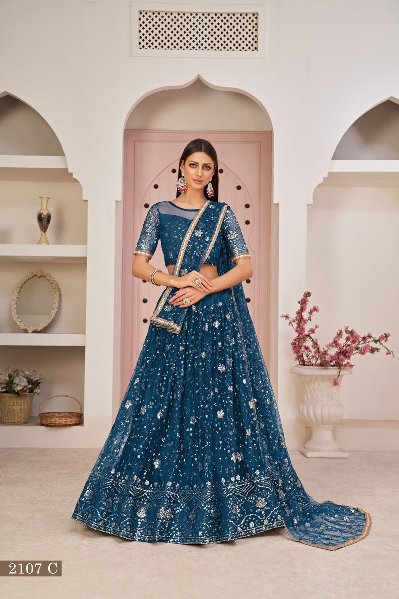 Designer Embroidered Sequins Work Semi Stitched Net Lehenga For Weddings 2107