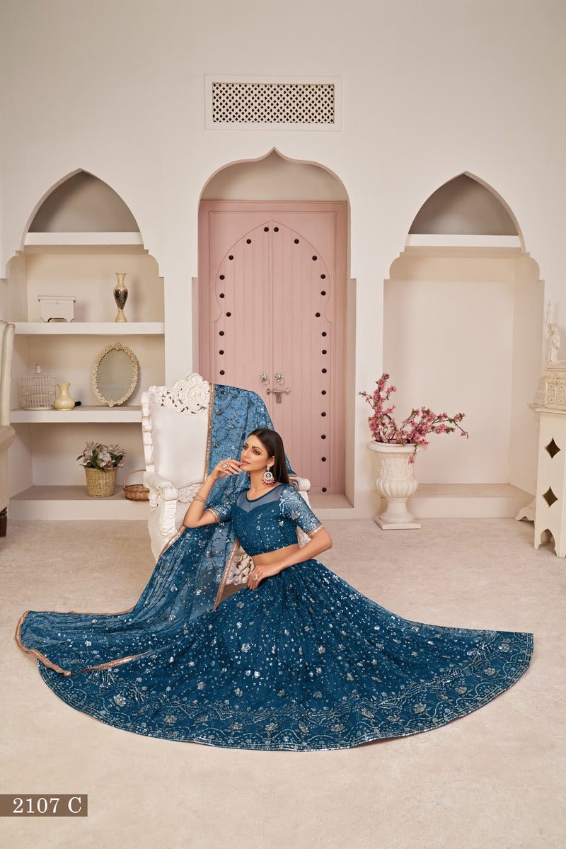Designer Embroidered Sequins Work Semi Stitched Net Lehenga For Weddings 2107