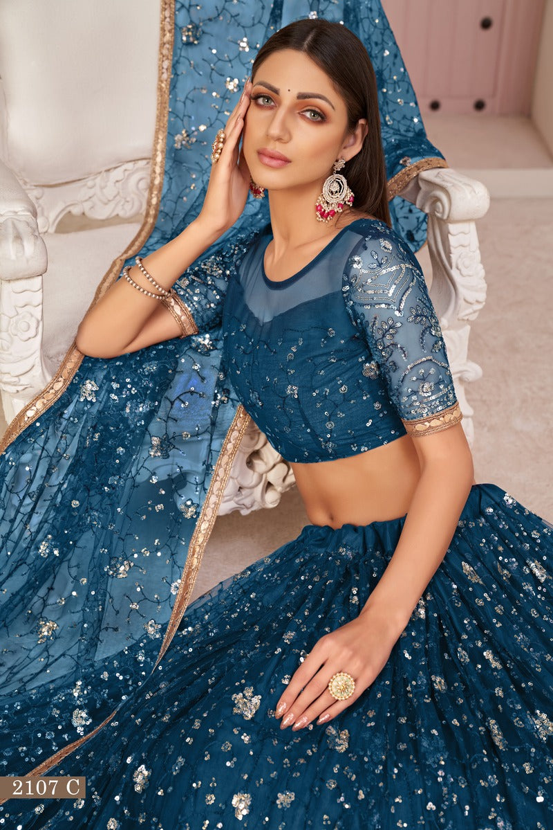 Designer Embroidered Sequins Work Semi Stitched Net Lehenga For Weddings 2107