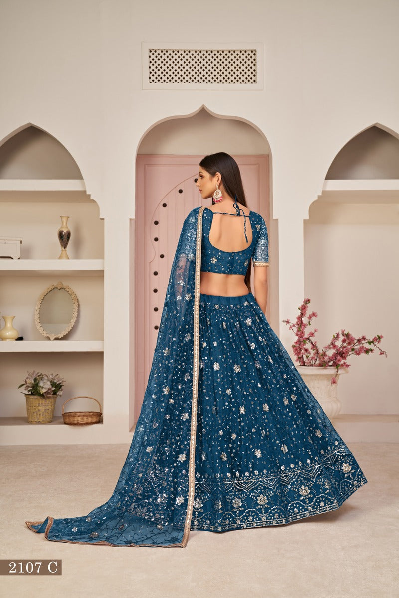Designer Embroidered Sequins Work Semi Stitched Net Lehenga For Weddings 2107