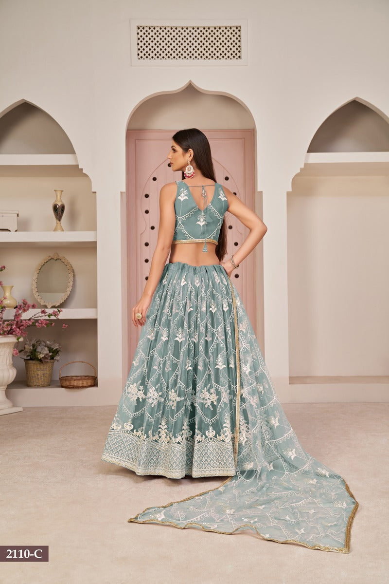 Trendy Embroidered Sequins Work Semi Stitched Net Lehenga For Weddings 2110