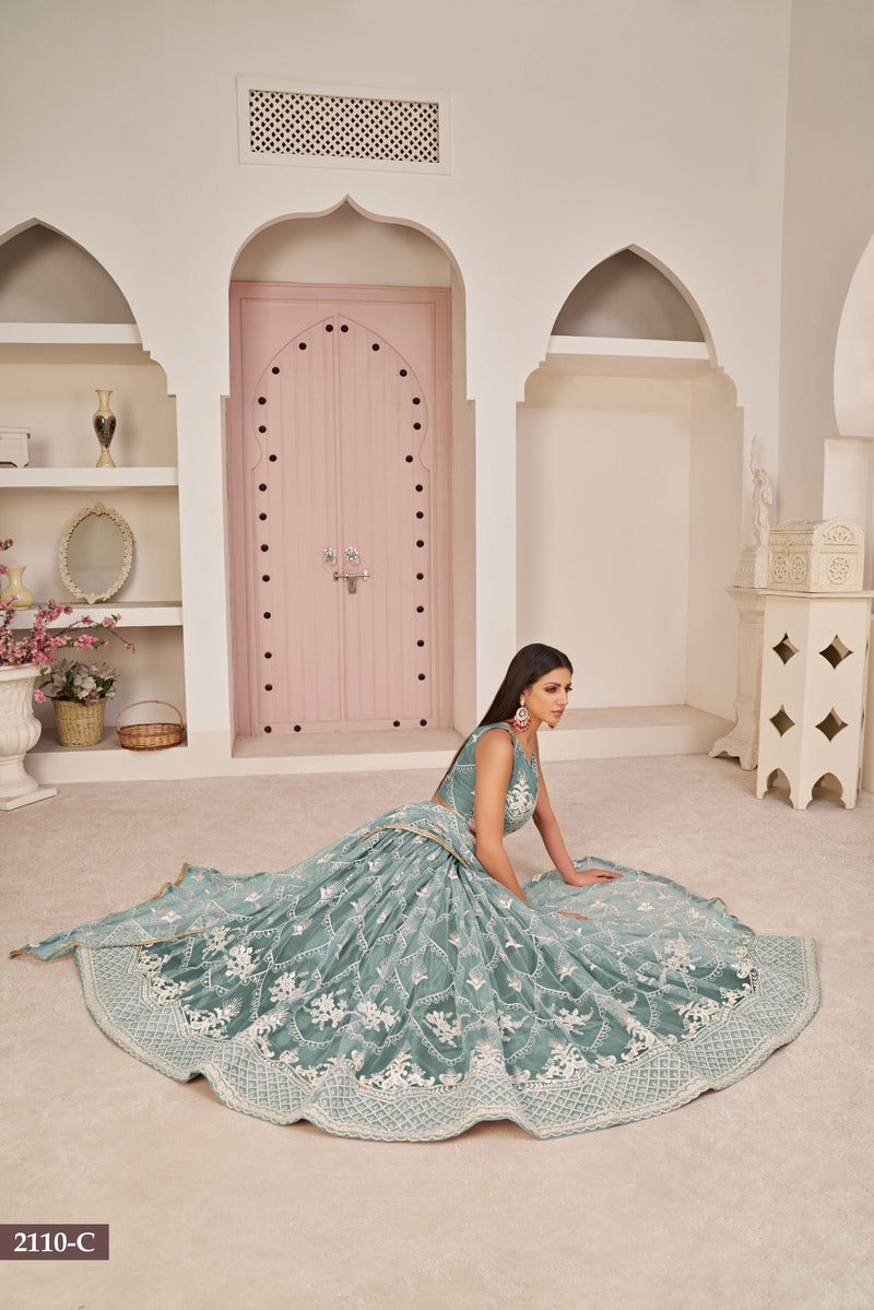 Trendy Embroidered Sequins Work Semi Stitched Net Lehenga For Weddings 2110
