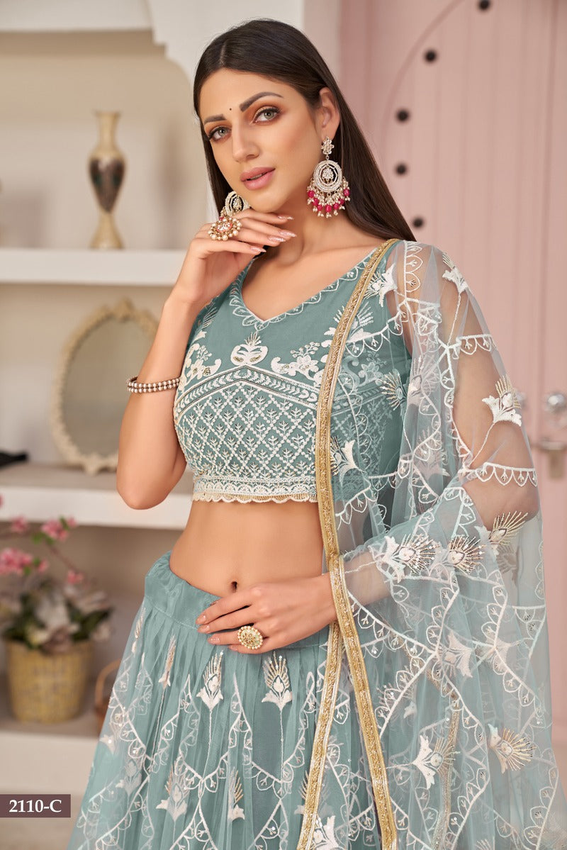Trendy Embroidered Sequins Work Semi Stitched Net Lehenga For Weddings 2110