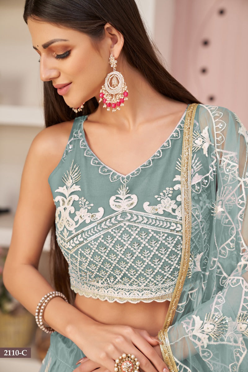 Trendy Embroidered Sequins Work Semi Stitched Net Lehenga For Weddings 2110