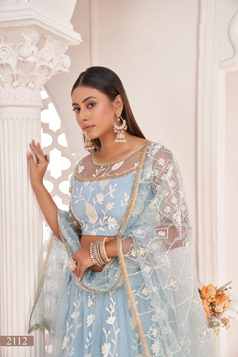 Stylish Embroidered Sequins Work Semi Stitched Net Lehenga For Weddings 2112