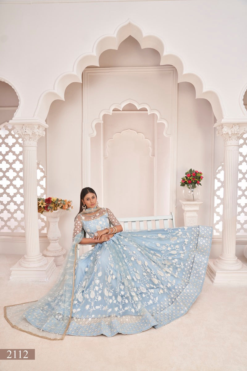 Stylish Embroidered Sequins Work Semi Stitched Net Lehenga For Weddings 2112