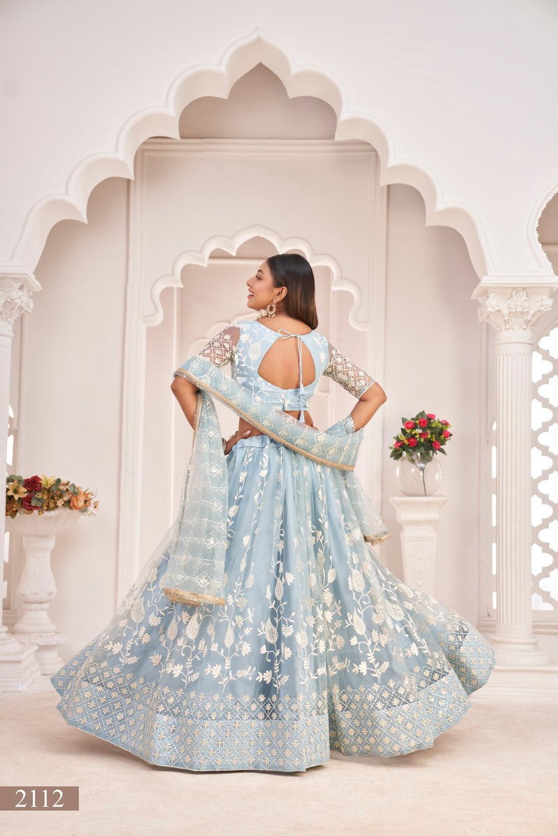 Stylish Embroidered Sequins Work Semi Stitched Net Lehenga For Weddings 2112