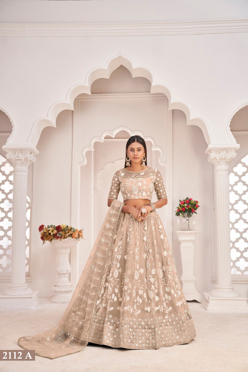 Stylish Embroidered Sequins Work Semi Stitched Net Lehenga For Weddings 2112