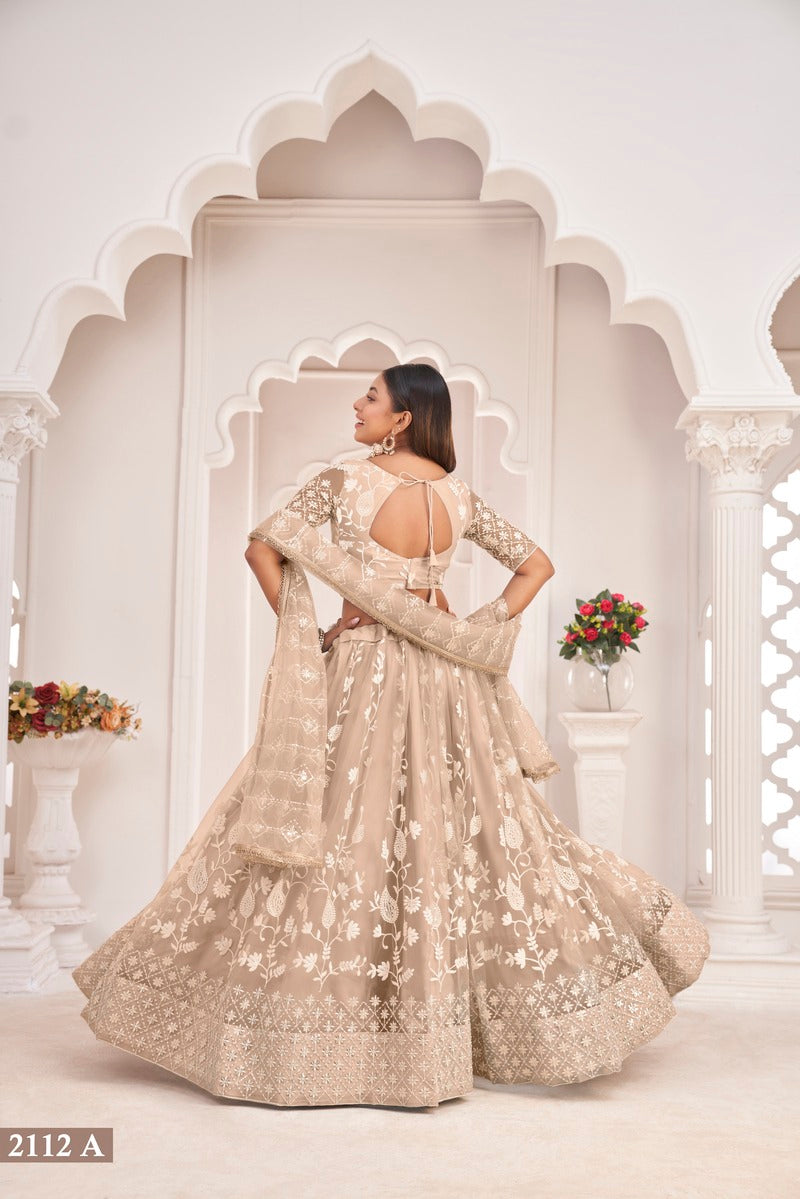 Stylish Embroidered Sequins Work Semi Stitched Net Lehenga For Weddings 2112