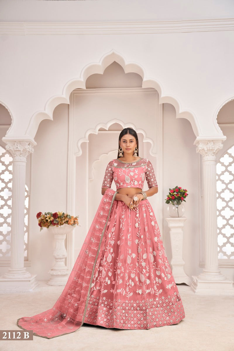 Stylish Embroidered Sequins Work Semi Stitched Net Lehenga For Weddings 2112