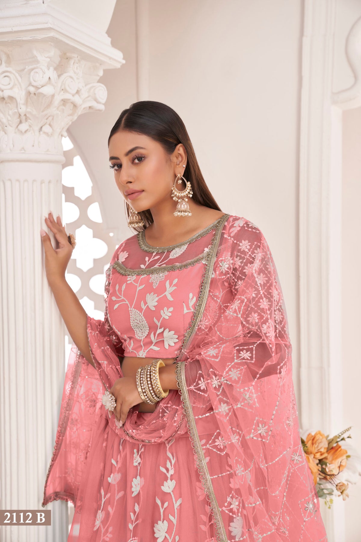 Stylish Embroidered Sequins Work Semi Stitched Net Lehenga For Weddings 2112