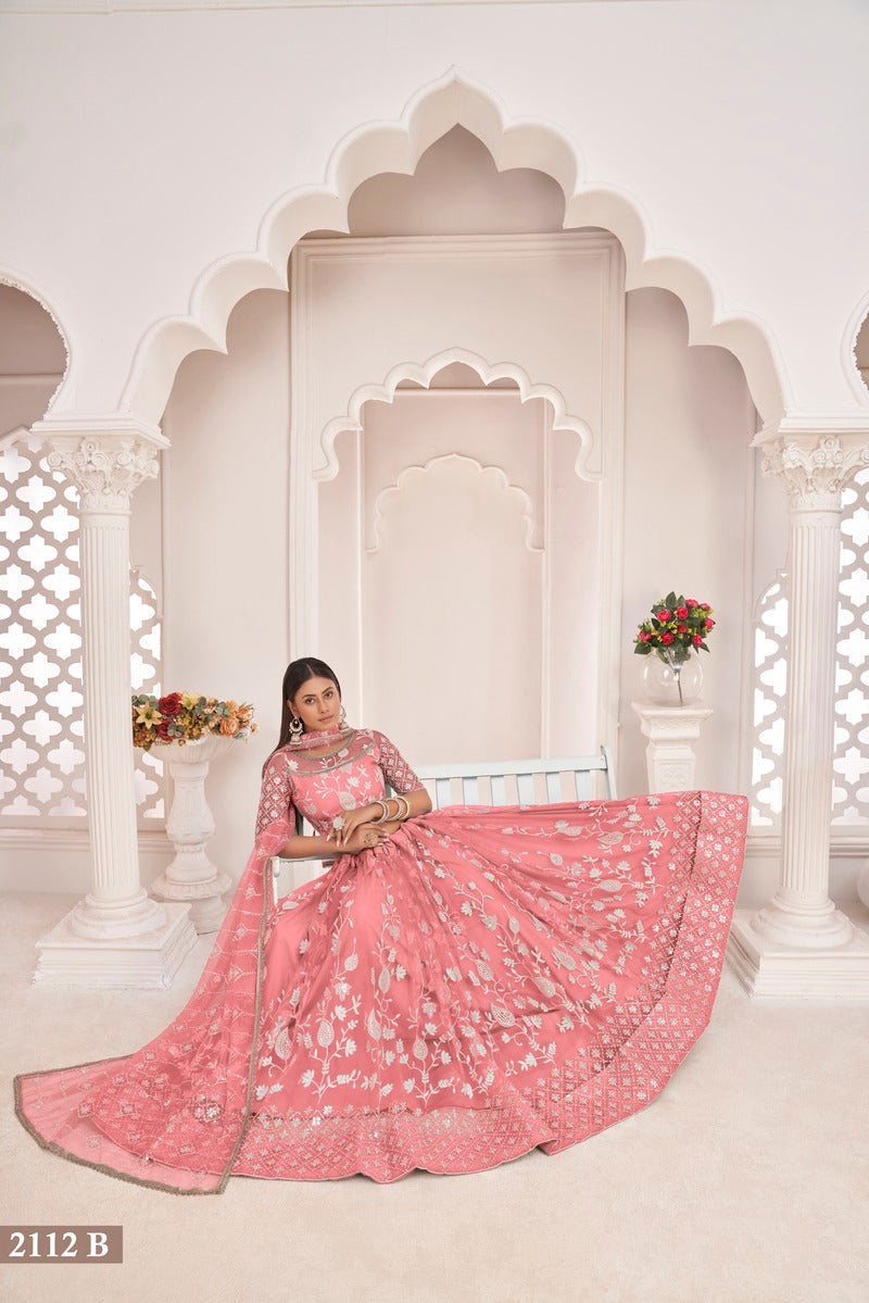 Stylish Embroidered Sequins Work Semi Stitched Net Lehenga For Weddings 2112